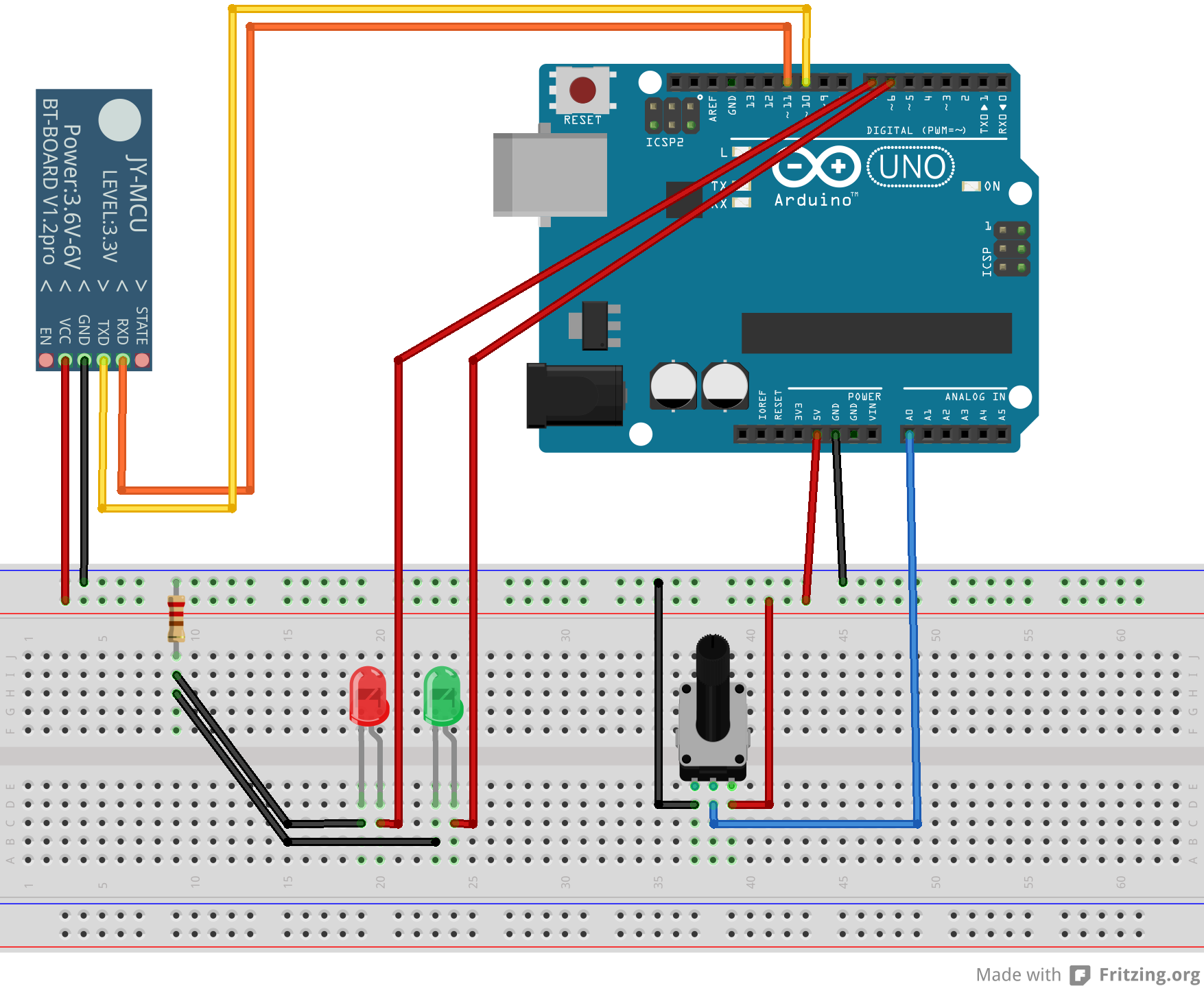 Arduino UNO R3 with 2 LEDs, a potentiometer and a Bluetooth module