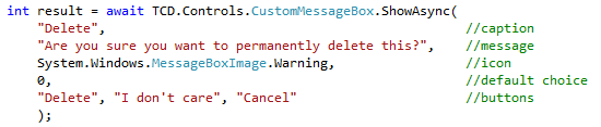asynchronously show a CustomMessageBox - int result is the number of the selected button, or the default
